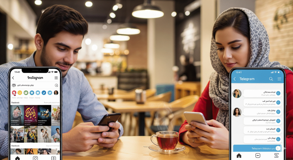 A young Iranian man and woman using their smartphones, one browsing Instagram and the other checking Telegram, both showing Persian interface. The scene is at a modern café with a cup of tea on the table, clean and bright atmosphere, realistic lifestyle photography, suitable for a blog cover image.