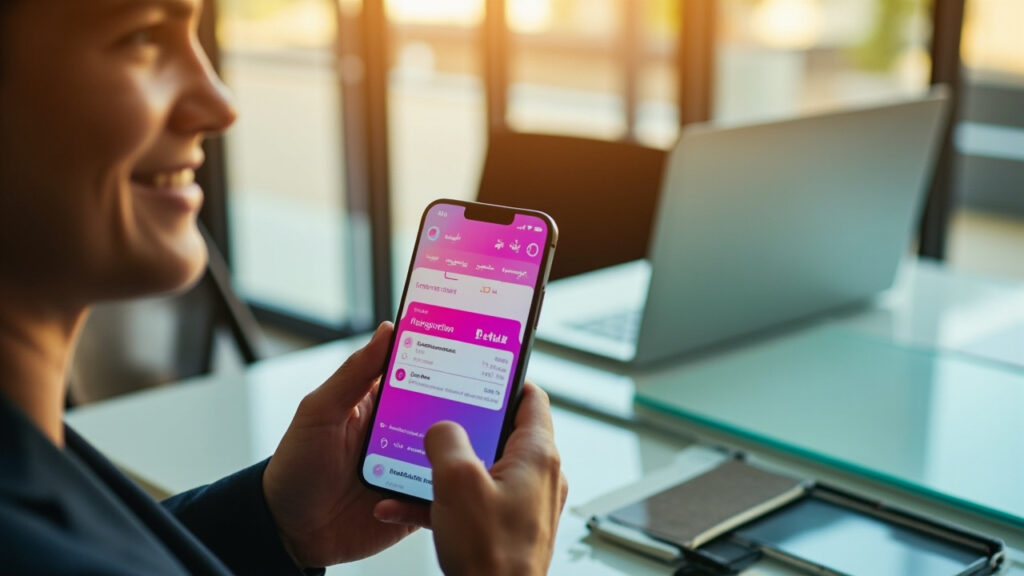 A close-up of a mobile operator app in Persian language on a smartphone, showing a combo package (internet + calls + SMS). The person is smiling while holding the phone, sitting at a modern office desk with a laptop. Realistic photography, bright daylight.
