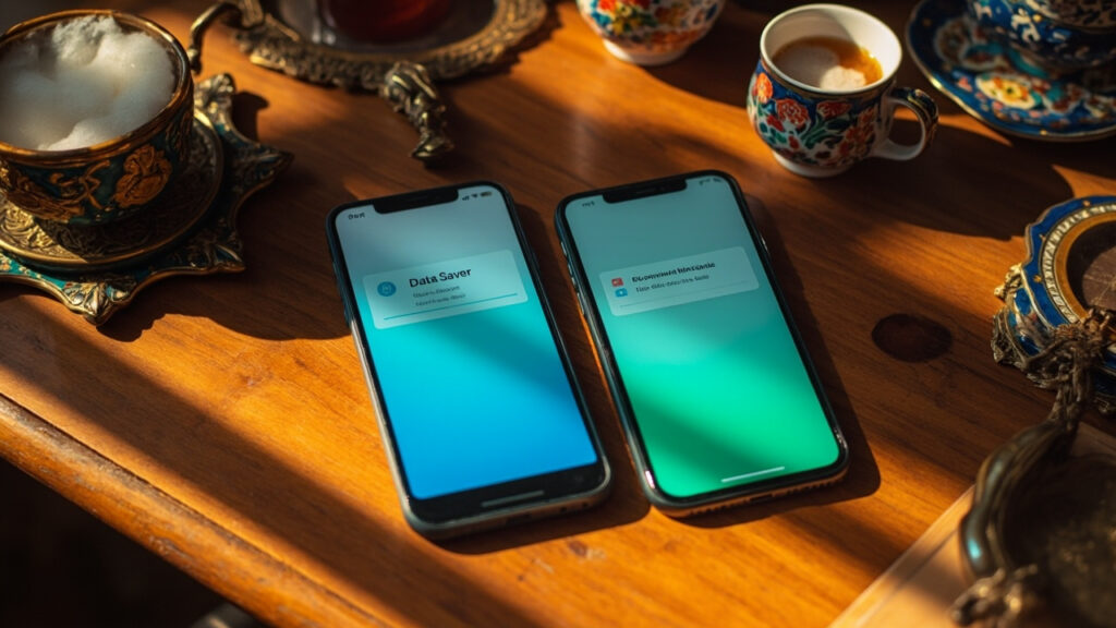 A flat lay photo of two smartphones, one showing an Android interface in Persian language (Data Saver settings) and the other showing an iPhone interface in Persian (Low Data Mode). Placed on a clean wooden desk with a cup of tea and Persian-style decorative items. Bright daylight, realistic photography, suitable for a blog cover image.