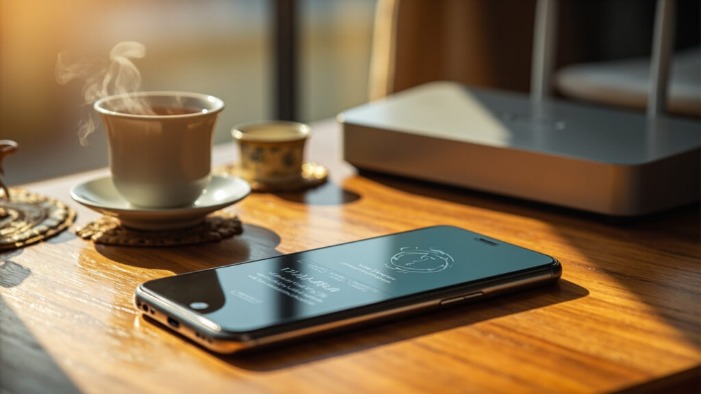 A modern flat lay photo showing a smartphone with Persian text on the screen displaying internet data usage and affordable data packages, placed on a wooden desk with a cup of tea and Persian-style decorative items. A Wi-Fi router is visible in the background. Clean, minimal, bright daylight, realistic photography style. Suitable for a blog cover image.