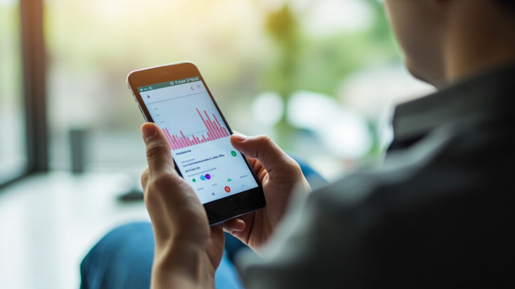 A person checking mobile data usage statistics on an Android phone with Persian interface. The graph of data usage is clearly visible. The user is sitting by a window with natural daylight. Realistic and modern lifestyle photo.