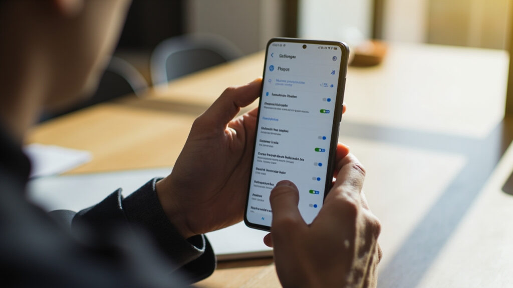 A person using the settings menu on an Android smartphone in Persian language, disabling background data for apps. The focus is on the phone screen with clear Persian text. Minimalistic office desk in the background, realistic photo style.A person using the settings menu on an Android smartphone in Persian language, disabling background data for apps. The focus is on the phone screen with clear Persian text. Minimalistic office desk in the background, realistic photo style.
