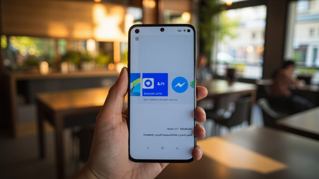 A smartphone screen in Persian language showing the installation of Facebook Lite and Messenger Lite. The user is holding the phone with one hand, background blurred with a modern urban café setting. Realistic photography.