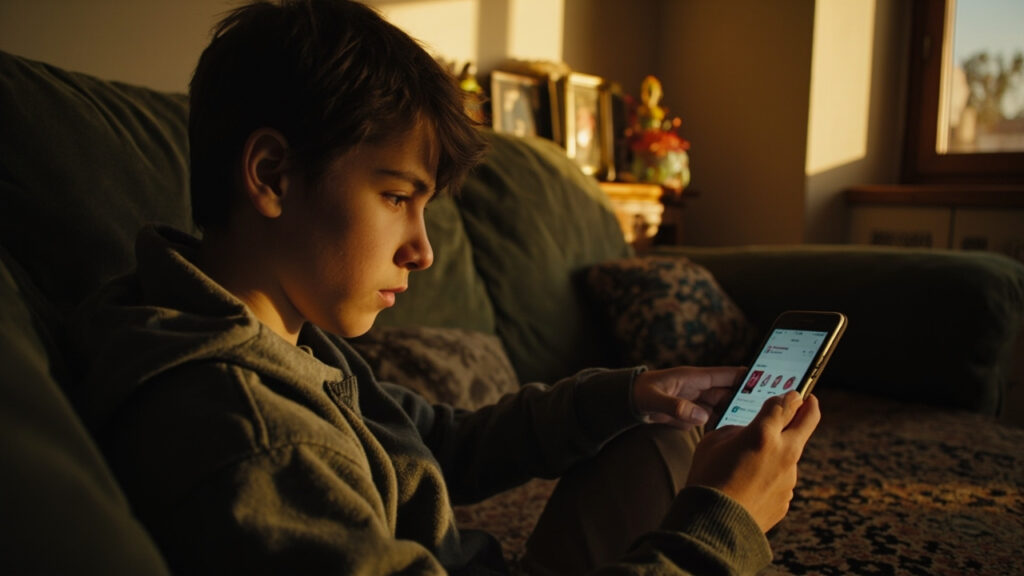A teenager in Iran browsing Instagram on a smartphone, with data saver mode activated. The screen shows Persian UI elements. The person is sitting on a sofa at home, with casual clothes, natural warm lighting, realistic photography style.