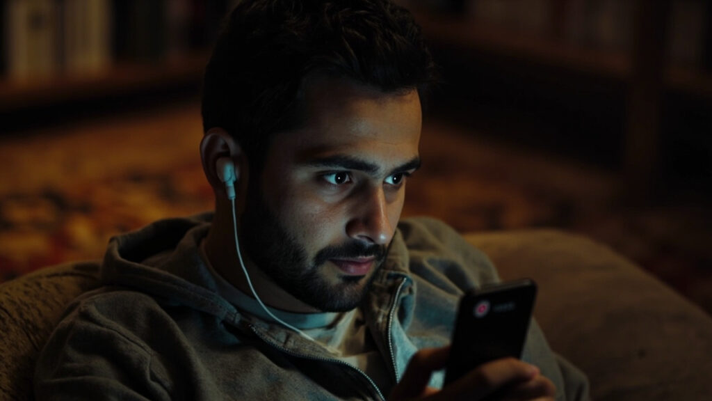 A young Iranian man at home, watching a downloaded movie on his smartphone with earphones, no internet connection symbol visible. Cozy indoor setting, Persian carpet and books in the background, realistic lifestyle photo.