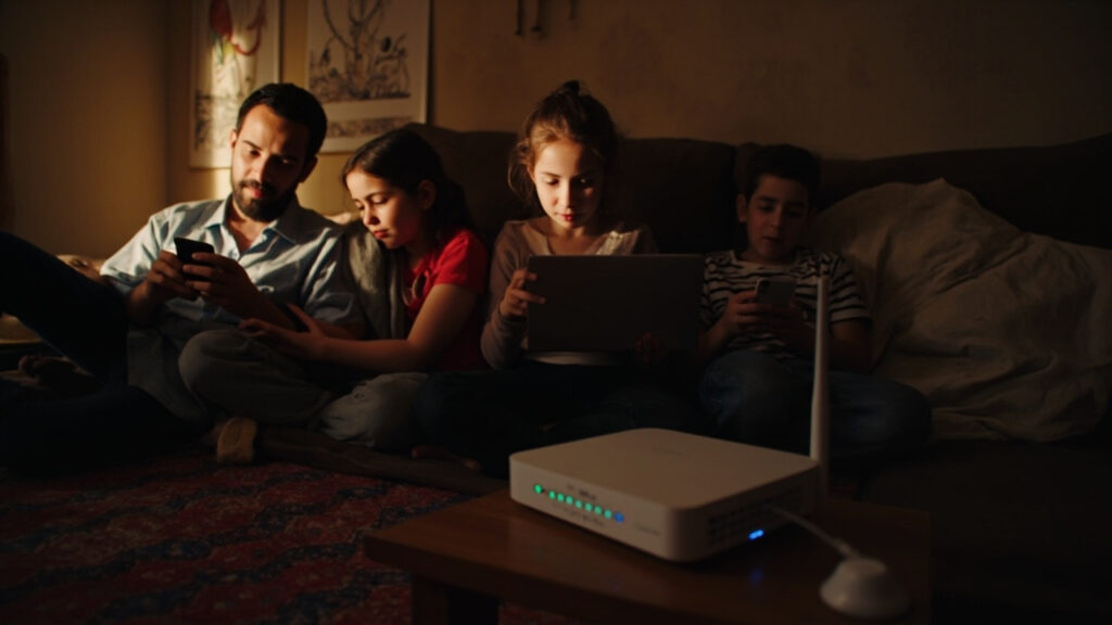 An Iranian family at home, sitting together while using Wi-Fi on their smartphones and laptop. A Wi-Fi router is visible on the table. Cozy home atmosphere, Persian-style carpet, evening warm lights, realistic lifestyle photo.